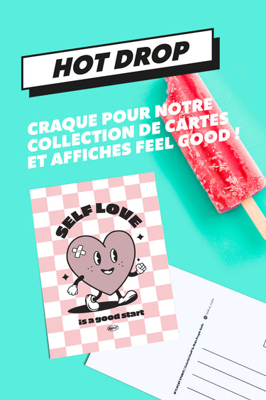 carte postale feel good coeur rose et damier avec message Self Love, collection exclusive chez ALLMEMBERZ