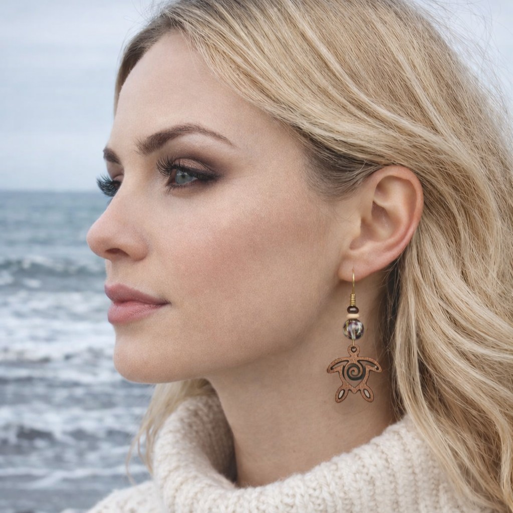 Boucles d’oreilles tortue de mer en bois – Perles bois & porcelaine – Style ethnique été