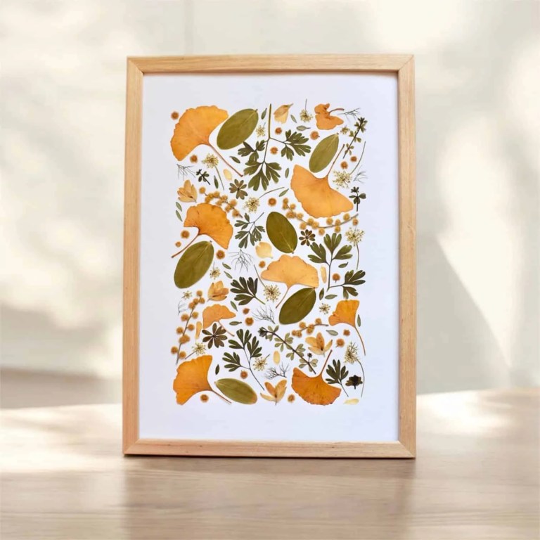 herbier jaune et vert fleurs pressées décoration cadre fleuri pistil et pastel