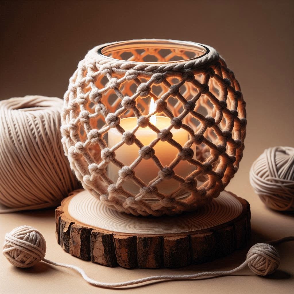 Photophore décoratif en verre arrondi, habillé d’un tissage en crochet fait main, idéal pour une ambiance chaleureuse et raffinée. Description (Meta Description SEO)