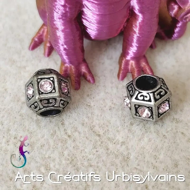 Lot de 2 perles vintage lanterne en métal argenté et strass roses pour bracelet ou collier européen