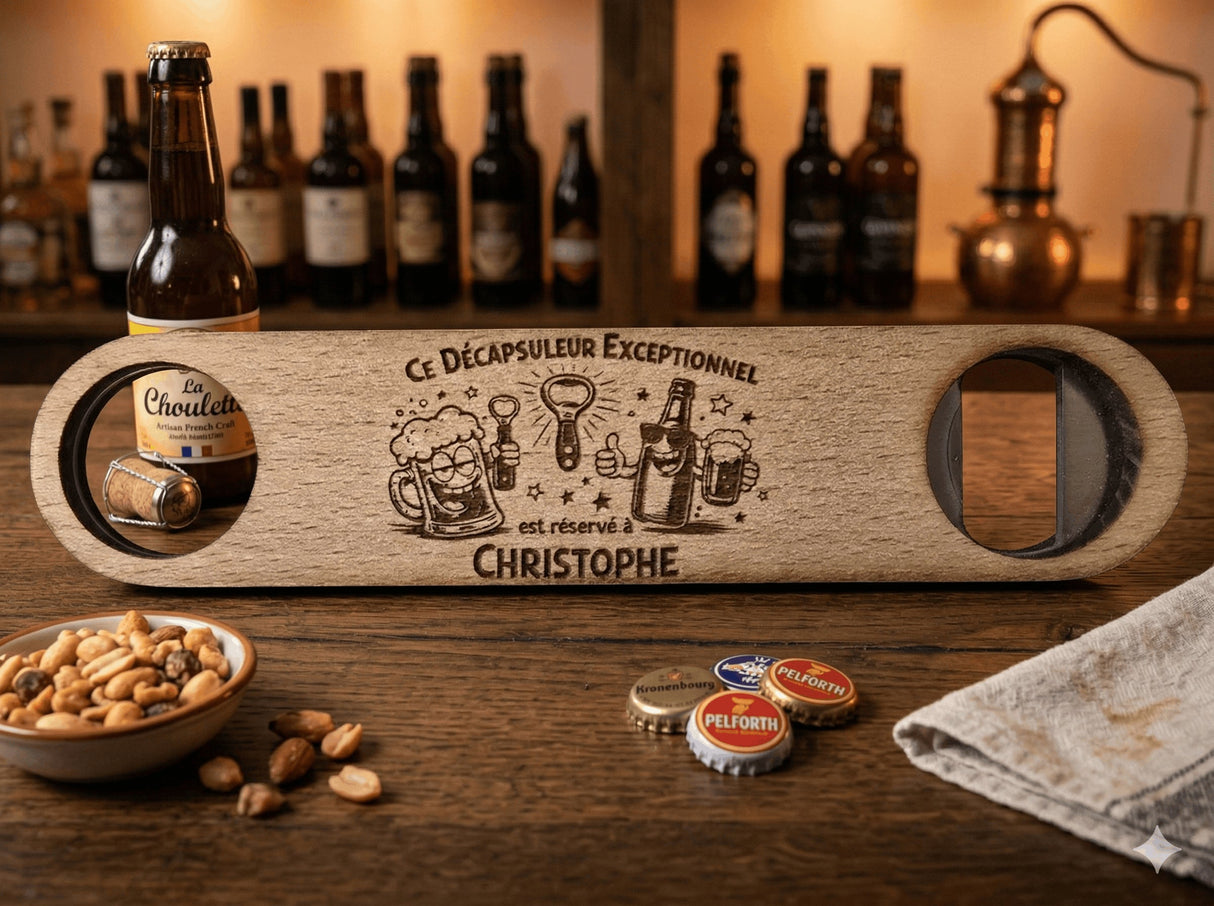 Décapsuleur en bois de hêtre gravé au laser – Message humoristique recto/verso personnalisable Sublimation Store