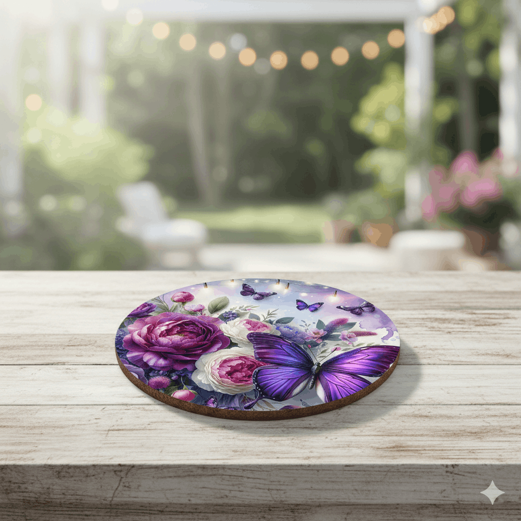 Dessous de verre bois liège 9 cm – Fleurs & papillons violets