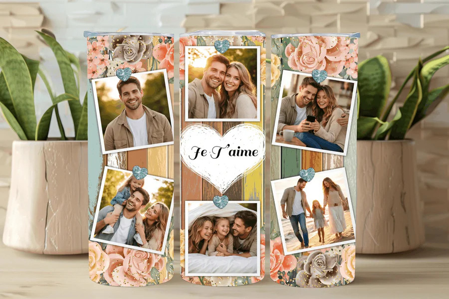 Tumbler personnalisé – 6 photos + texte + cœur (20 oz / 591 ml)