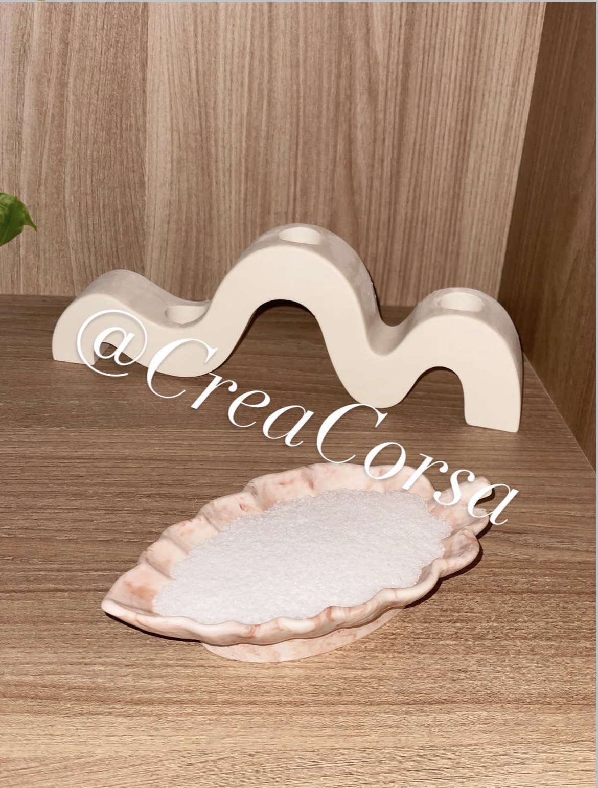 Bougeoir vagues et coupelle feuille bougie perlée – Création en Jesmonite® par CREA CORSA®