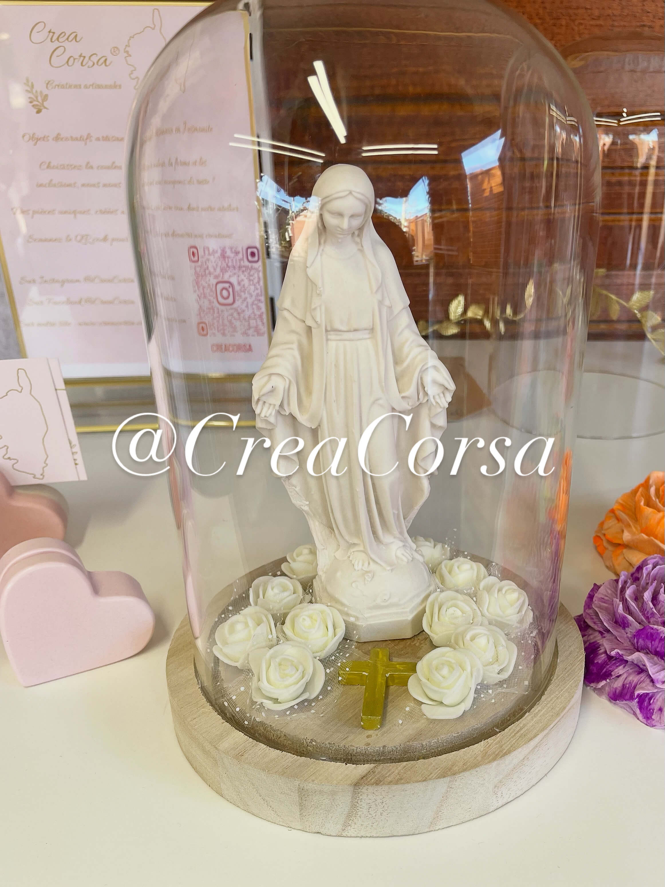 Vierge Marie sous cloche en verre – Création artisanale – CREA CORSA®