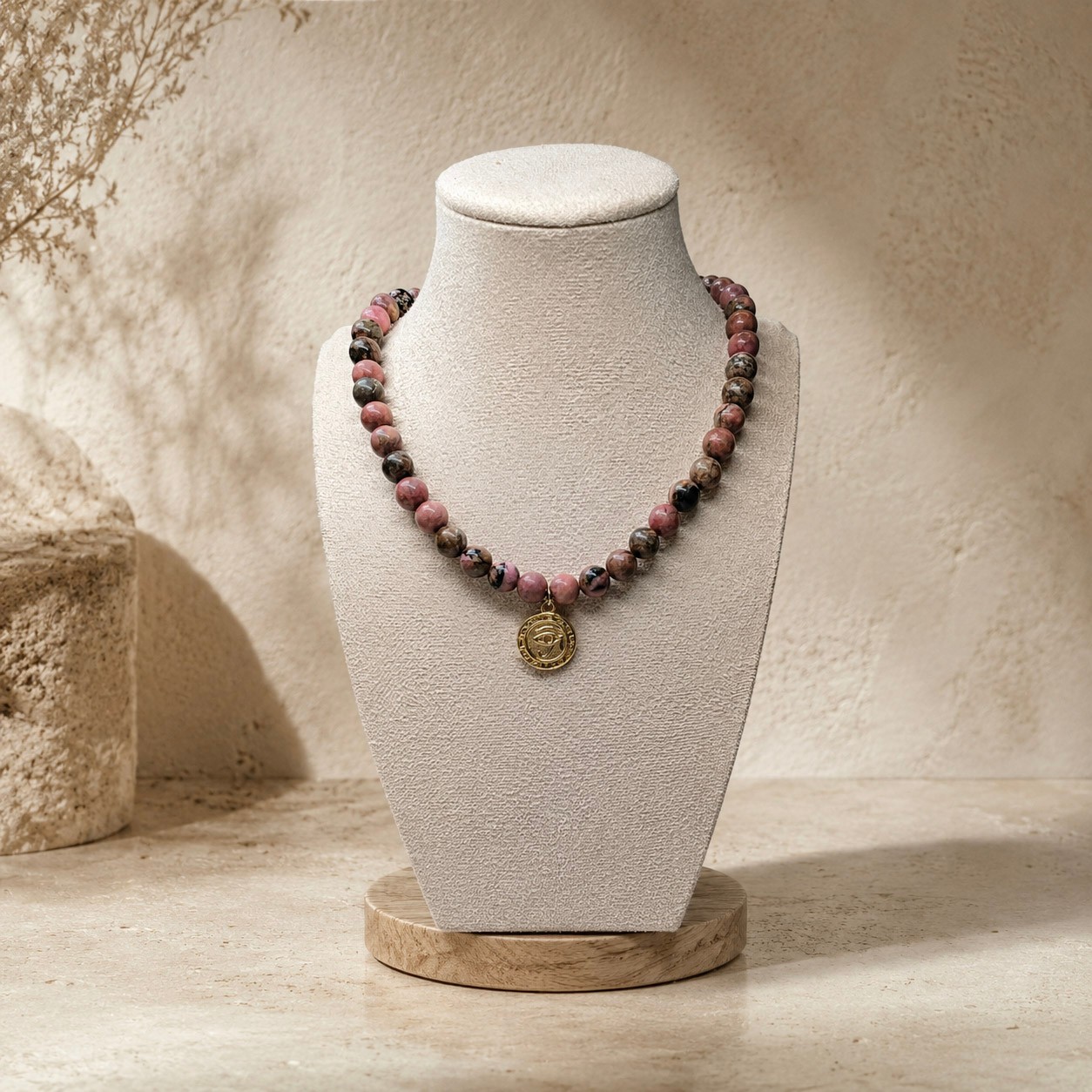 Collier en rhodonite naturelle médaille dorée