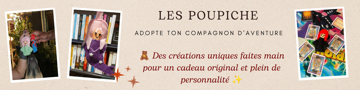 Bannière de la marque « Les Poupiche » présentant des compagnons d'aventure en tissu faits main. Le visuel affiche le slogan « Adopte ton compagnon d'aventure » et trois photos polaroïds : à gauche, deux petites poupées tenues à la main ; au centre, une p