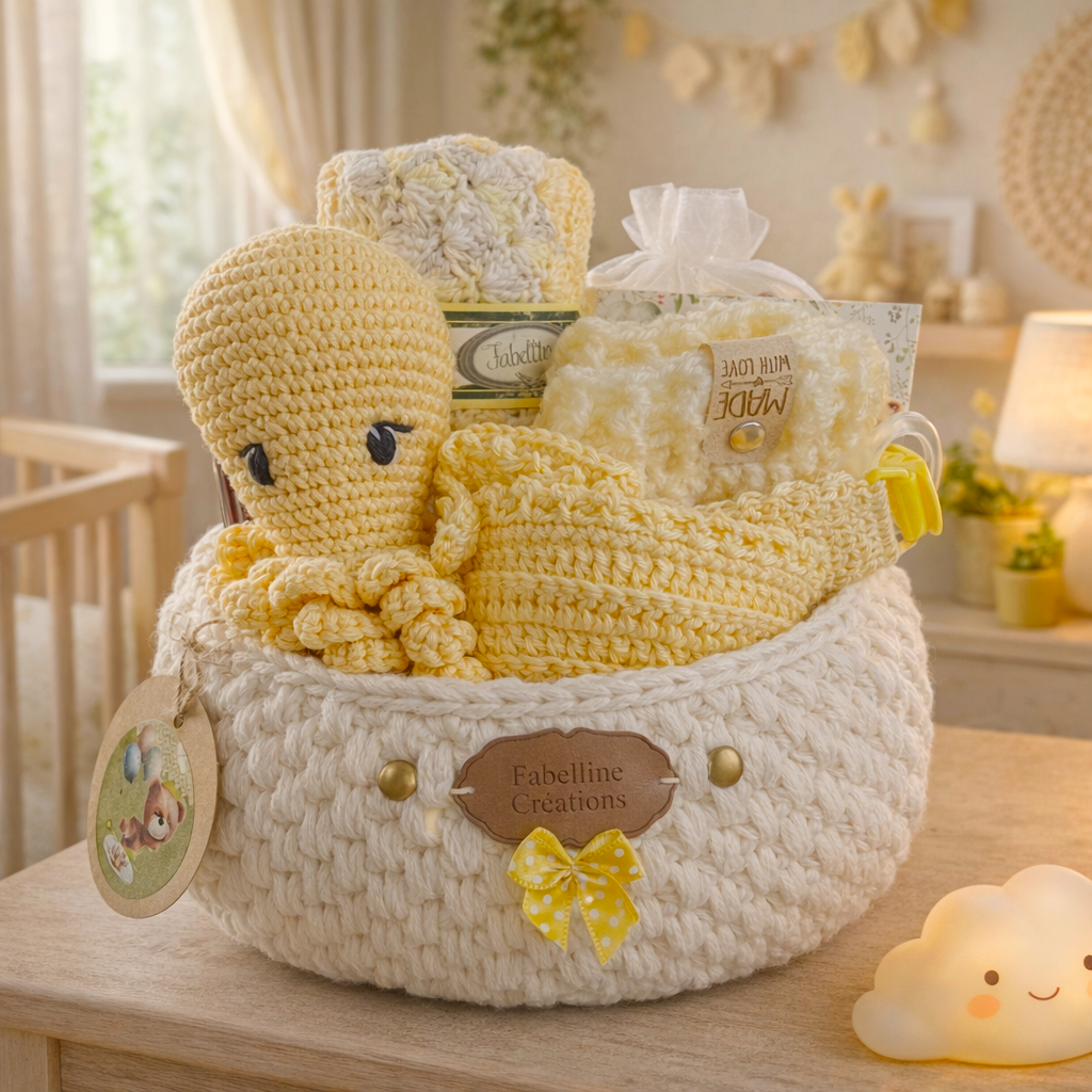 Panier naissance Luxe au crochet avec doudou pieuvre – création artisanale Fabelline
