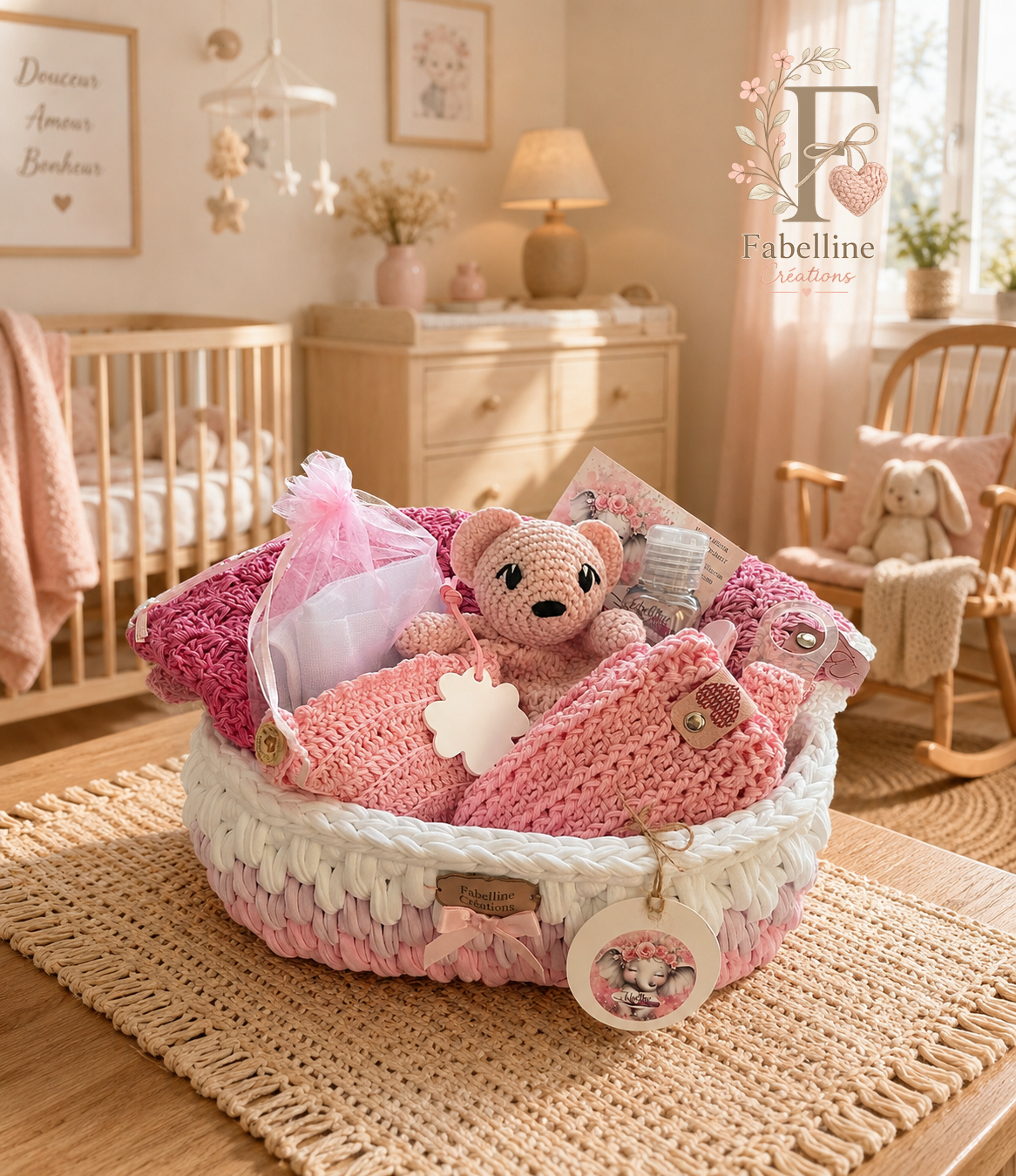 Panier naissance personnalisé au crochet – cadeau de naissance artisanal fait main