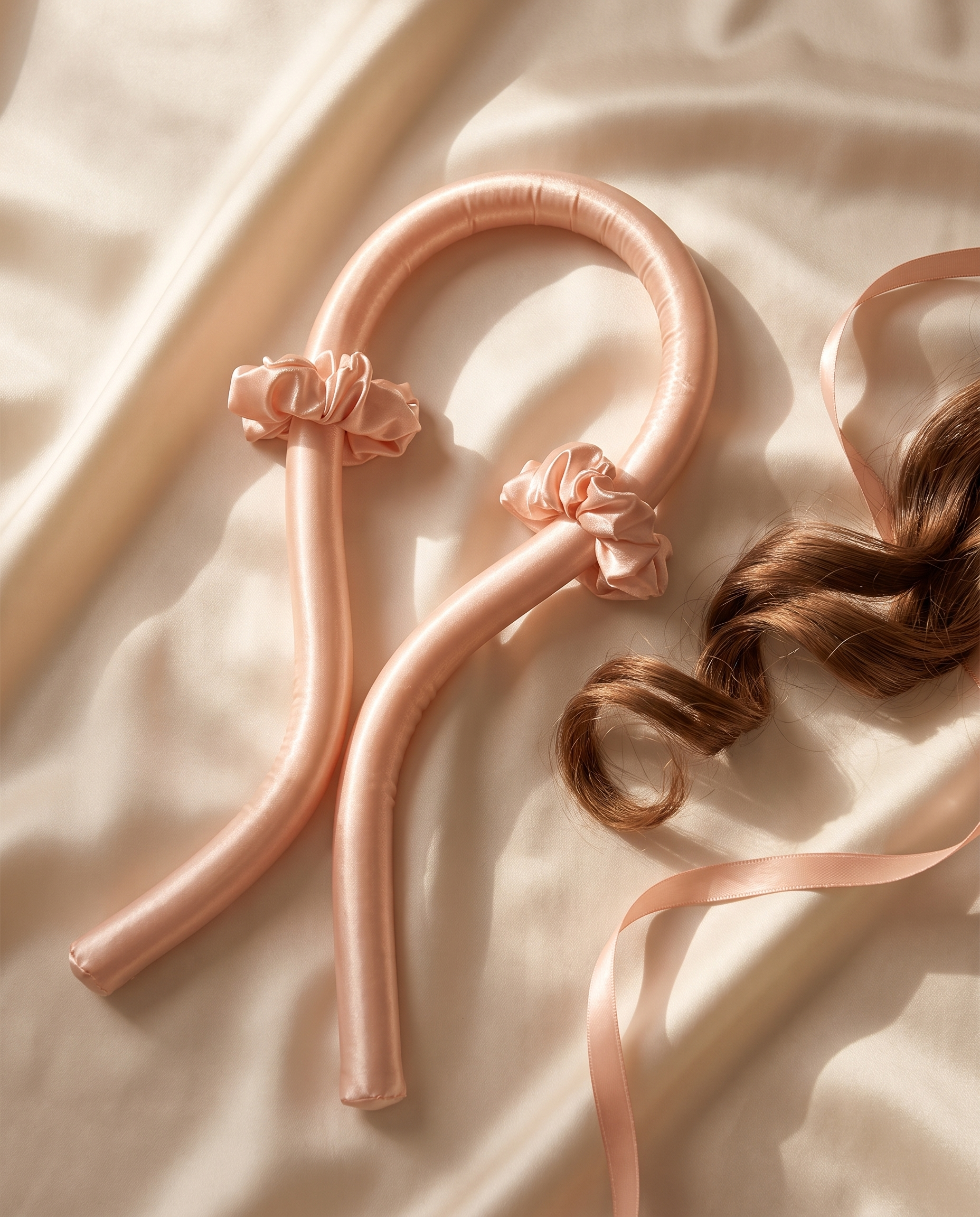 Nuit Boucle — bandeau boucleur en satin rose pêche avec chouchous assortis