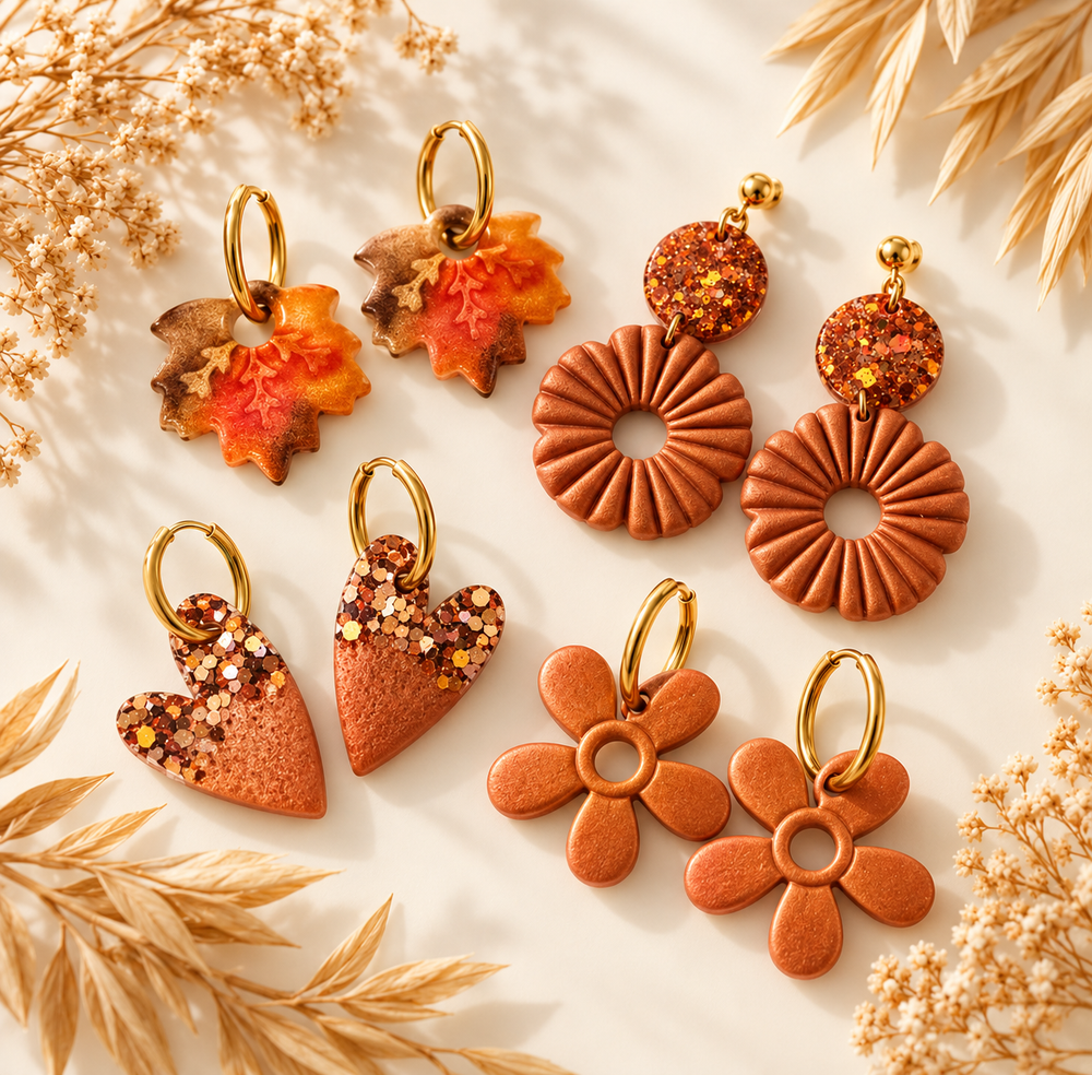 Boucles d'oreilles artisanales en pâte polymère et résine aux couleurs d'automne