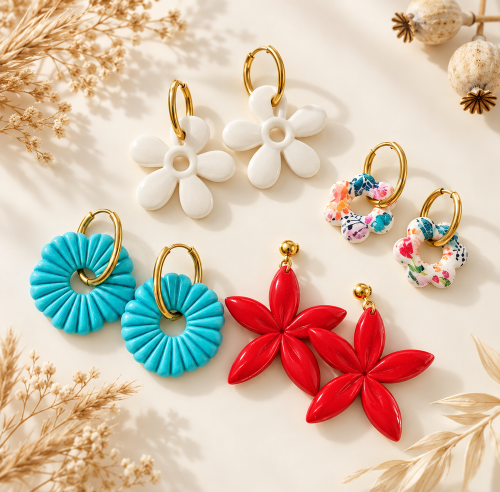 Boucles d'oreilles fleurs colorées en pâte polymère avec anneaux dorés sur fond blanc.