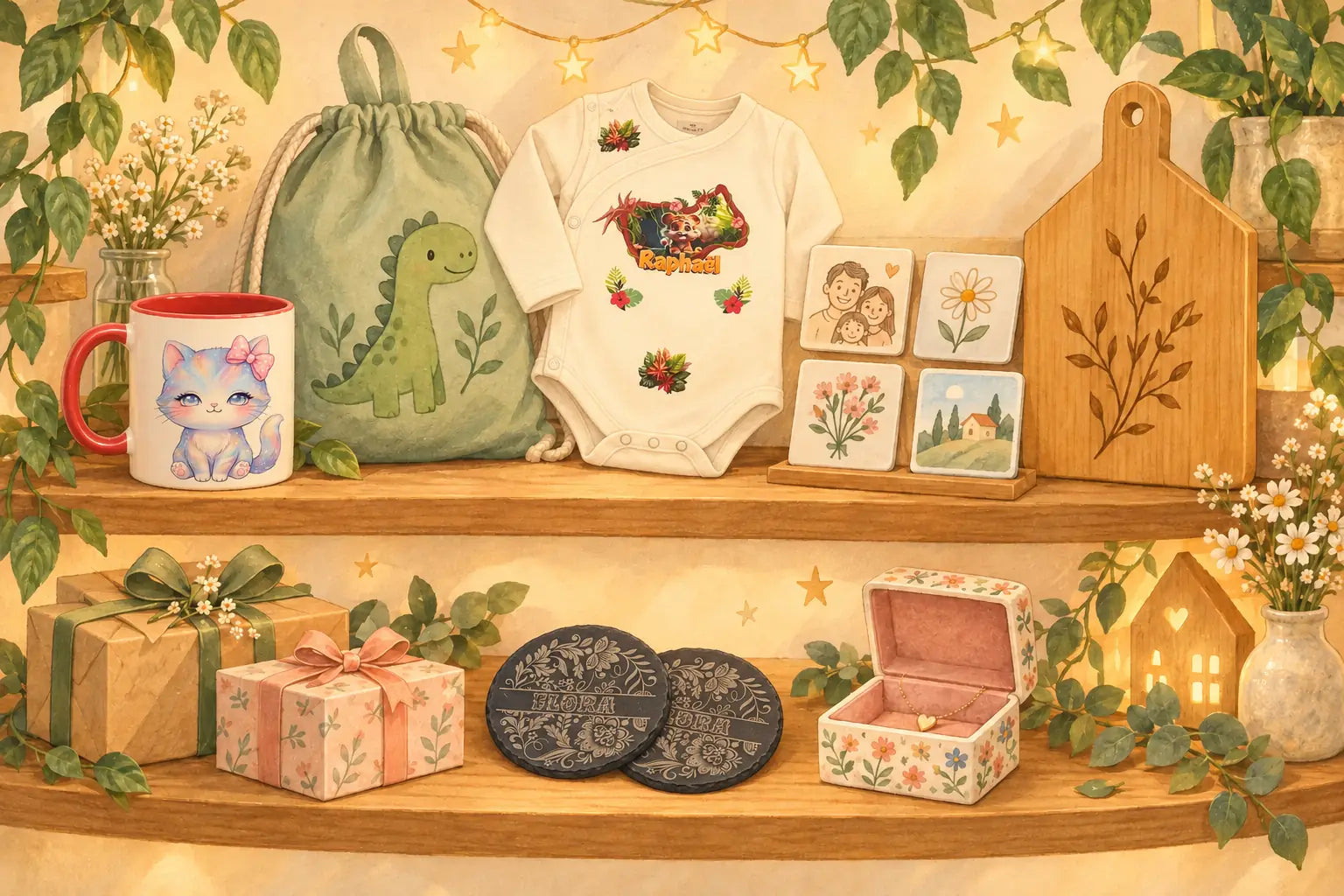 Une boutique chaleureuse illustrée, avec de vrais cadeaux personnalisés de L’Atelier Époustouflant.