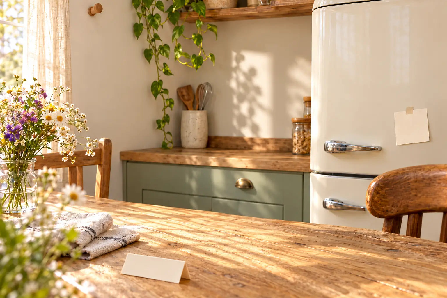 Une pièce chaleureuse à explorer : sac suspendu, planche gravée, aimants sur le frigo, mug et sous-verres sur la table.