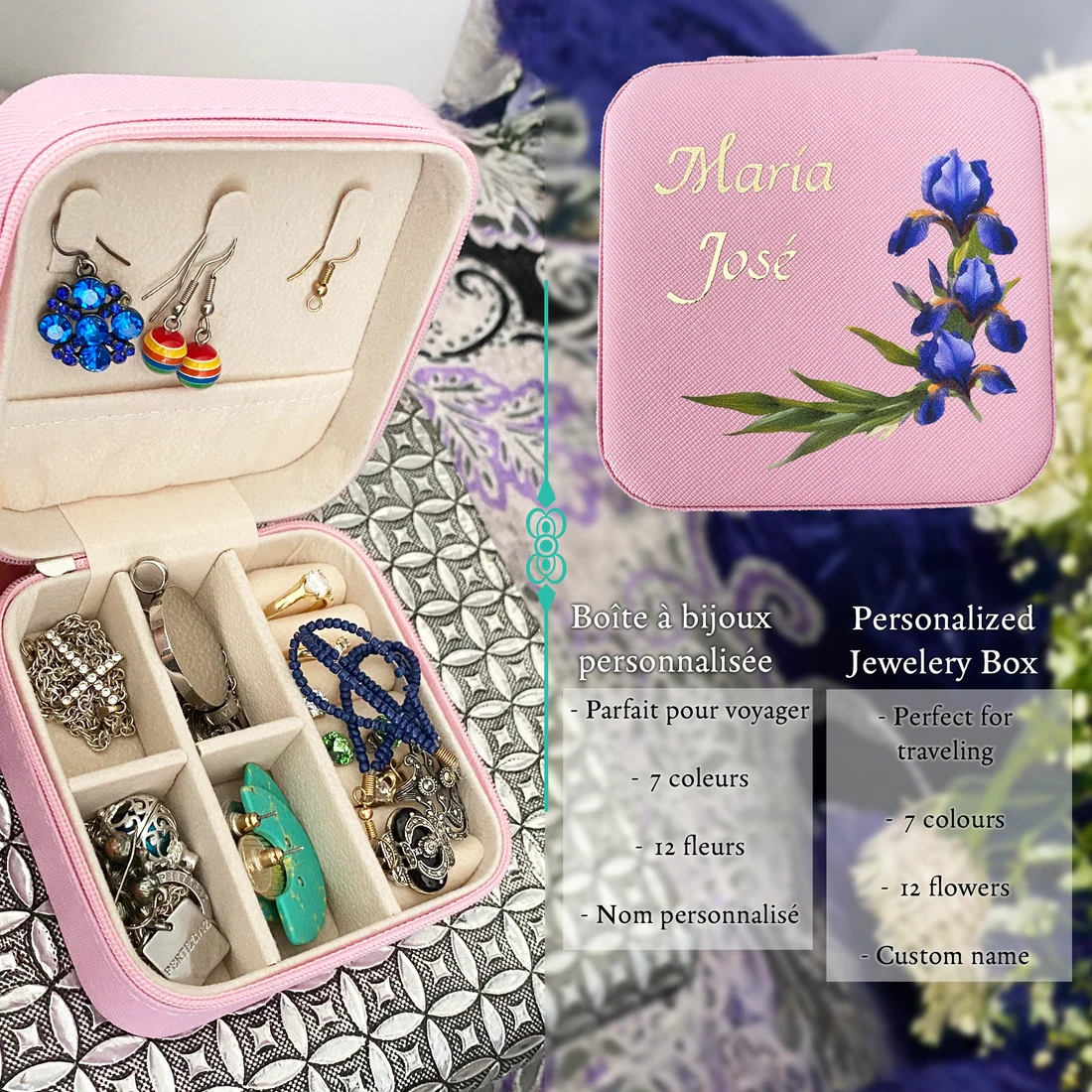 Coffret à bijoux personnalisé avec prénom et fleur de naissance