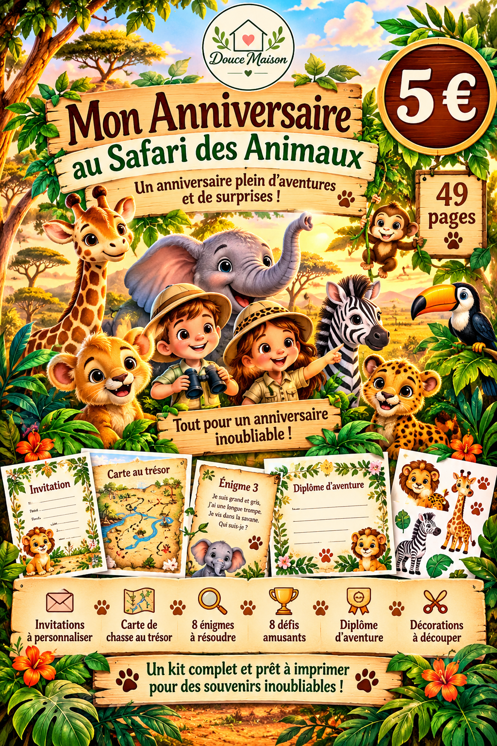 Mon Anniversaire au Safari des Animaux – Kit complet 49 pages